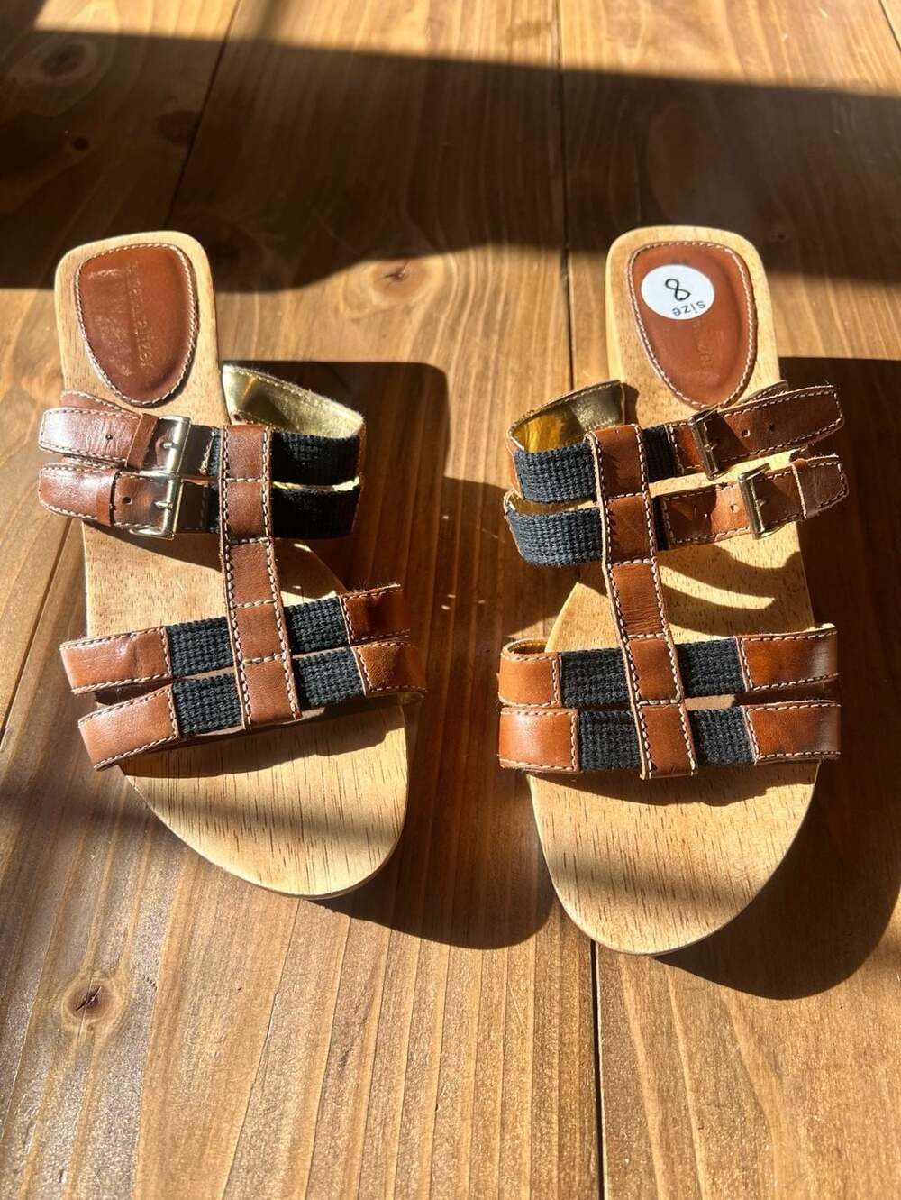 Naturalizer Athina Brown and Black Leather Buckle Wooden Wedge Sandals Size 8